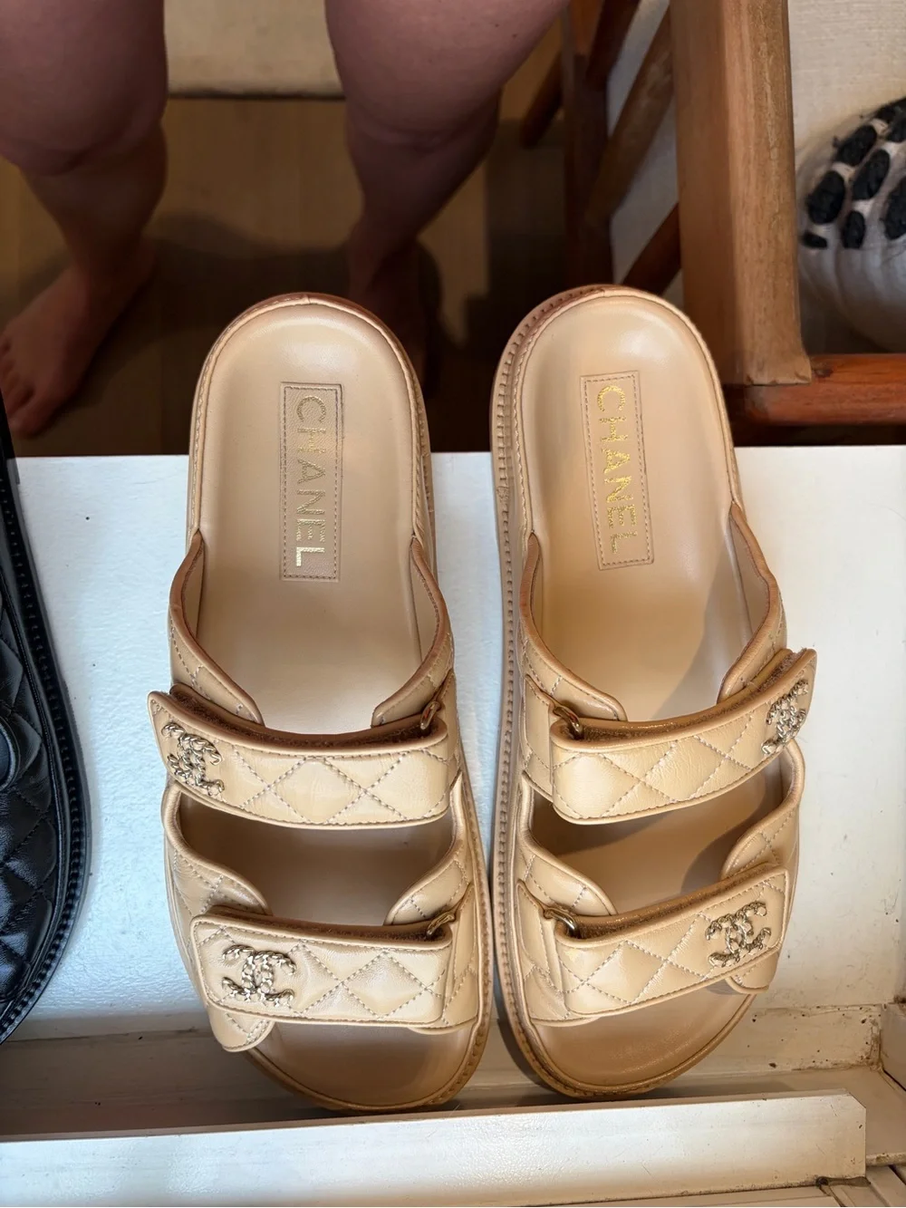 CHANEL Beige Quilted Double-Strap Logo Slide Sandals